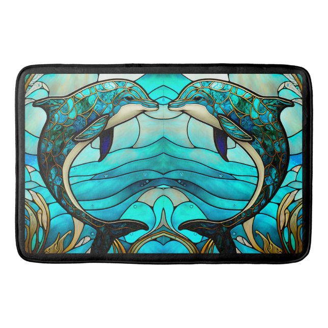 Beach House Blue Dolphin Faux Stached Glass Badrumsmatta (Framsidan)