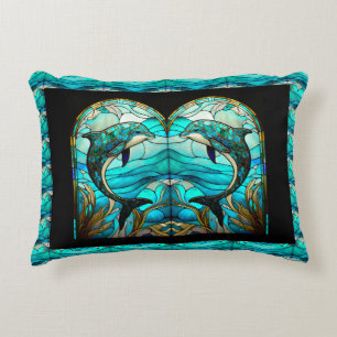 Beach House Blue Dolphin Faux Stached Glass Prydnadskudde