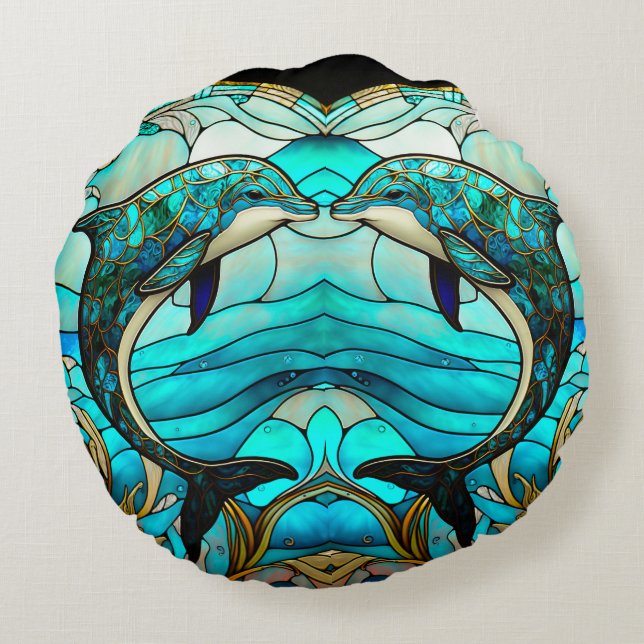 Beach House Blue Dolphin Faux Stached Glass Rund Kudde (Baksidan)