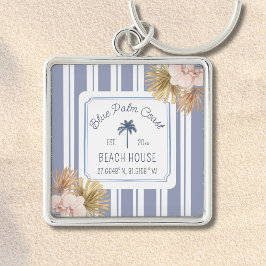 Beach House Blue Rand Coastal Boho Farmhouse Fyrkantig Silverfärgad Nyckelring