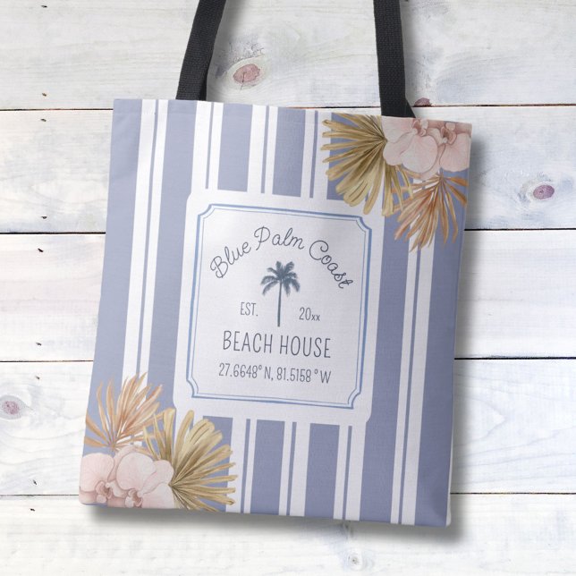 Beach House Blue Rand Coastal Boho Farmhouse Tygkasse (Close up)