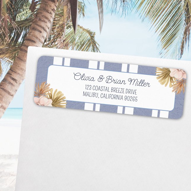 Beach House Blue Strip Coastal Boho Returadress Returadress Etikett (In situ)