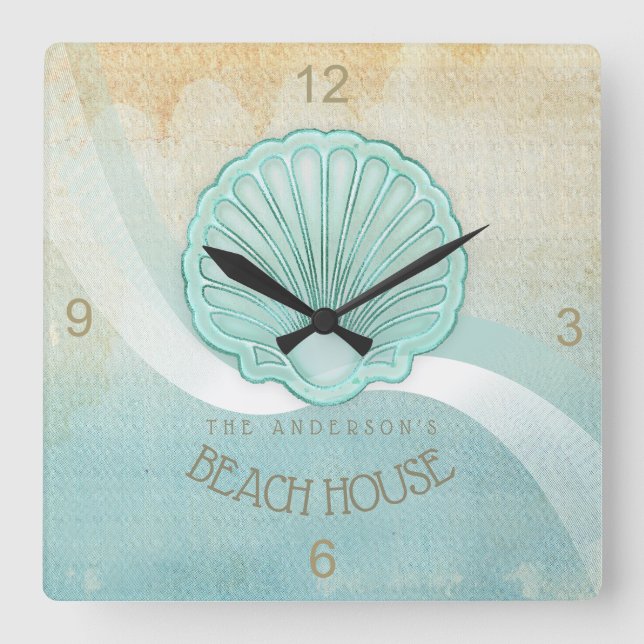 Beach House Clam Snäcka Aqua Blue ID623 Fyrkantig Klocka (Framsida)