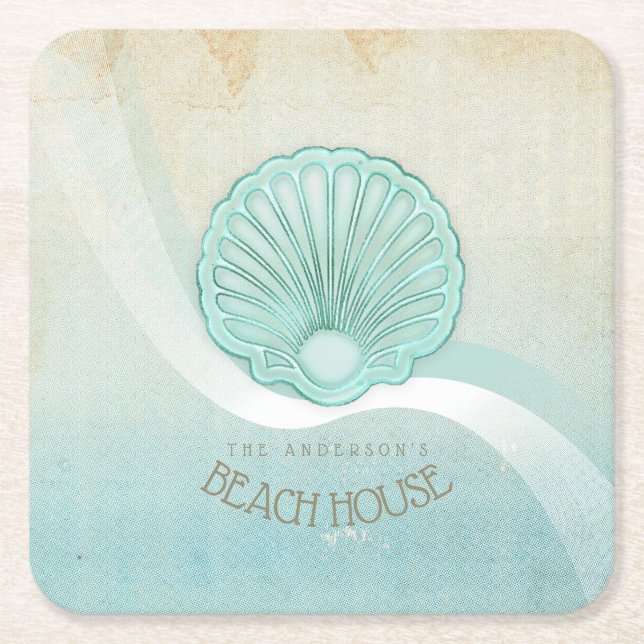 Beach House Clam Snäcka Aqua Blue ID623 Underlägg Papper Kvadrat (Framsidan)