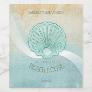 Beach House Clam Snäcka Aqua Blue ID623 Vinflaska Etikett