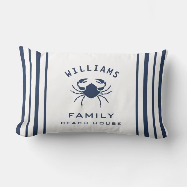 Beach House Crab, Namn Beach-familjen, blåvitblått Lumbarkudde (Framsida)