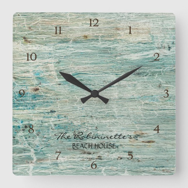 Beach House Driftwood Teal Blue Coastal Seashore Fyrkantig Klocka (Framsida)