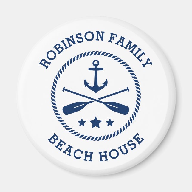 Beach House & Family Namn Anchor Oars Stars Round Magnet (Framsidan)
