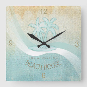 Beach House Handflatan Träd Aqua ID623 Fyrkantig Klocka
