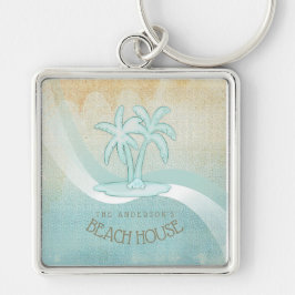 Beach House Handflatan Träd Aqua ID623 Fyrkantig Silverfärgad Nyckelring