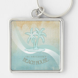 Beach House Handflatan Träd Aqua ID623 Fyrkantig Silverfärgad Nyckelring