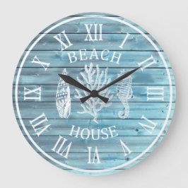Beach House Light Blue Wood Coral Seahorse Large Stor Klocka
