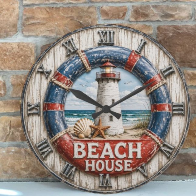 Beach House Lighthouse Rustic Nautical Coastal  Stor Klocka (Skapare uppladdad)