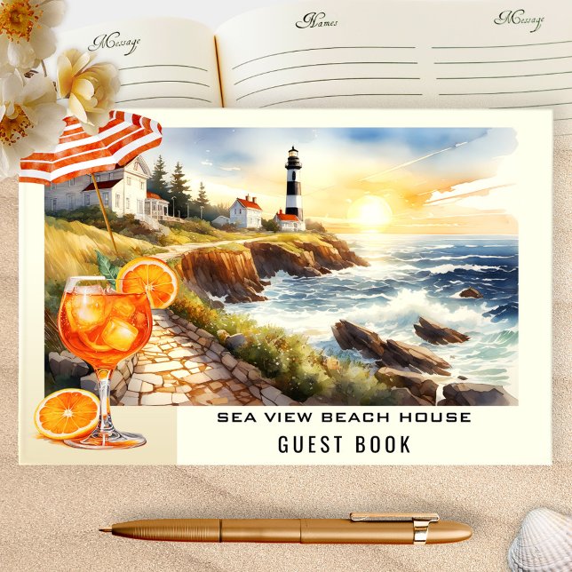 Beach House Lighthouse Vacation Rental Gästböcker (Hospitality guest book featuring a watercolor illustration of a coastal scene with lighthouse)