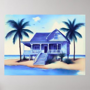 Beach House med Handflatan Träd Poster