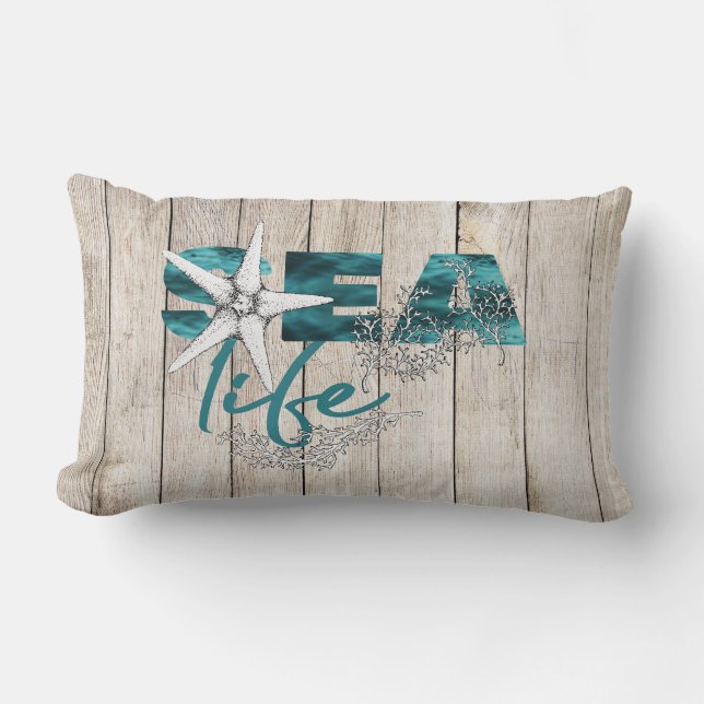 Beach house modern sea life typography laded wood lumbarkudde (Framsida)