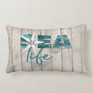Beach house modern sea life typography laded wood lumbarkudde