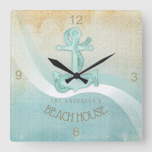 Beach House Nautical Anchor och Rope Aqua ID623 Fyrkantig Klocka
