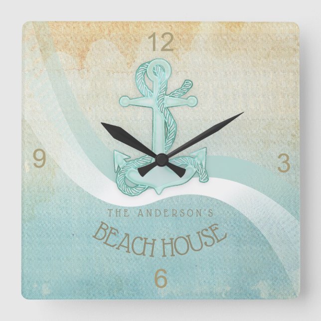 Beach House Nautical Anchor och Rope Aqua ID623 Fyrkantig Klocka (Framsida)