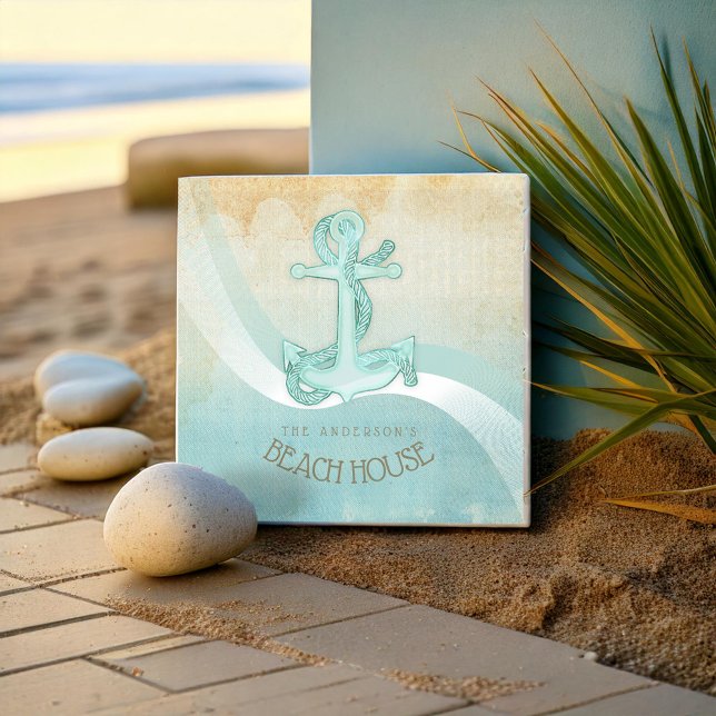 Beach House Nautical Anchor och Rope Aqua ID623 Kakelplatta (Skapare uppladdad)