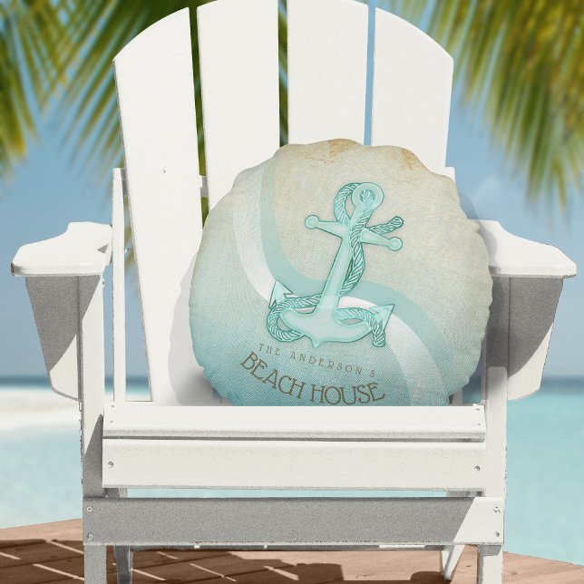 Beach House Nautical Anchor och Rope Aqua ID623 Rund Kudde (Skapare uppladdad)