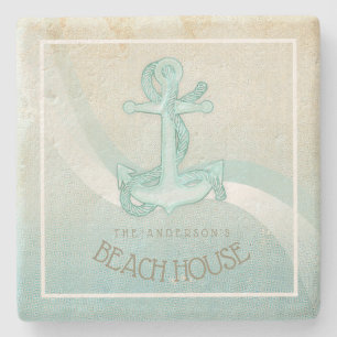 Beach House Nautical Anchor och Rope Aqua ID623 Stenunderlägg