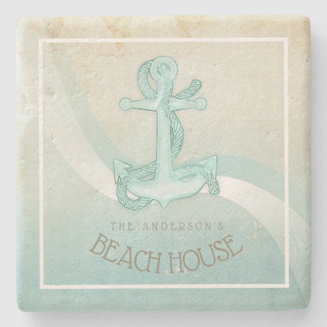 Beach House Nautical Anchor och Rope Aqua ID623 Stenunderlägg (Framsidan)