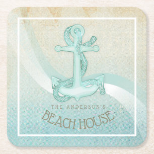 Beach House Nautical Anchor och Rope Aqua ID623 Underlägg Papper Kvadrat
