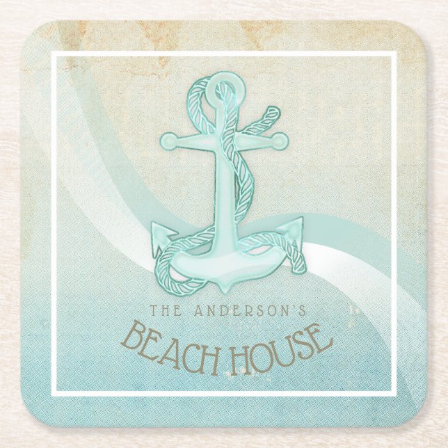 Beach House Nautical Anchor och Rope Aqua ID623 Underlägg Papper Kvadrat (Framsidan)