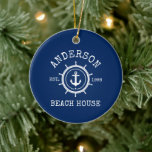 Beach House Nautical Anchor Rope Helm Blue Julgransprydnad Keramik<br><div class="desc">Nautical Anchor Rope Star Helm Family Namn Beach House Navy Blue Ornament</div>