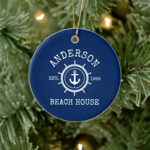 Beach House Nautical Anchor Rope Helm Blue Julgransprydnad Keramik