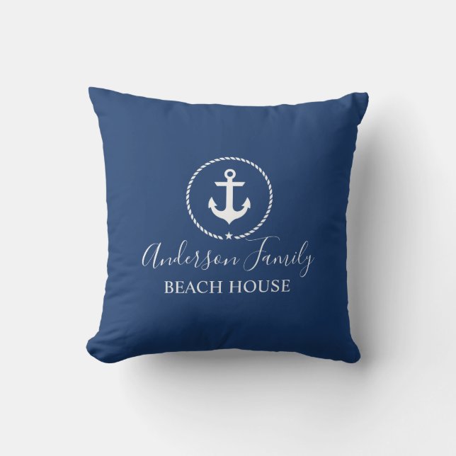 Beach House Nautical Anchor Rope Star Navy Blue Kudde (Framsida)