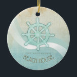 Beach House Nautical Boat Helm Aqua Blue ID623 Julgransprydnad Keramik<br><div class="desc">Med den här produkten i det mjuka färgen av hav och sand kan du enkelt lägga till din egen namn och text med hjälp av den angivna mallen. Den enkla hjälmbilden av båten på en nödlidande, vattenfärgad bakgrund markeras med en vågaccent i aqua och vitt. Om du inte har turen...</div>