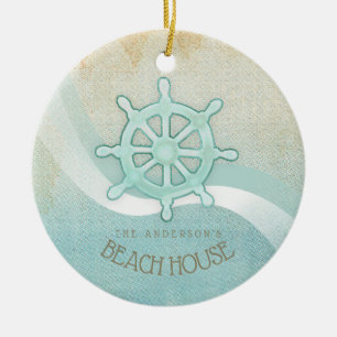 Beach House Nautical Boat Helm Aqua Blue ID623 Julgransprydnad Keramik