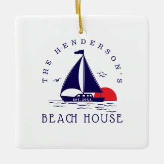 Beach House Nautical boat Sunset navy blue Julgransprydnad Keramik