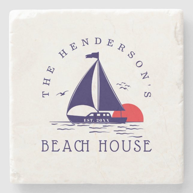 Beach House Nautical boat Sunset navy blue Stenunderlägg (Framsidan)