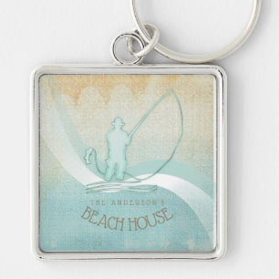 Beach House Nautical Fisherman Aqua Blå ID623 Fyrkantig Silverfärgad Nyckelring