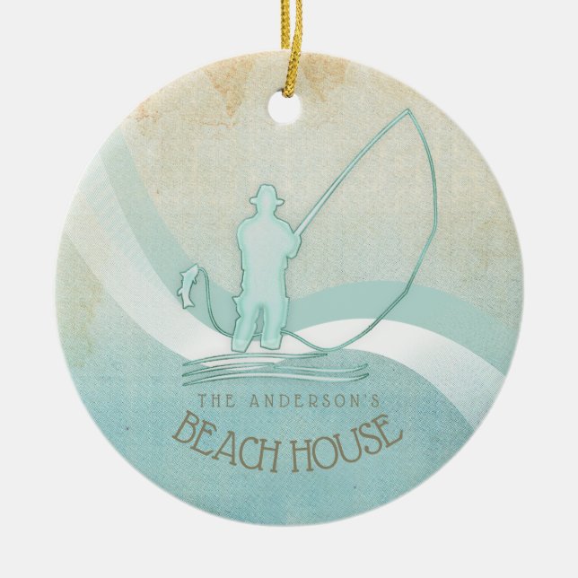 Beach House Nautical Fisherman Aqua Blue ID623 Julgransprydnad Keramik (Framsidan)