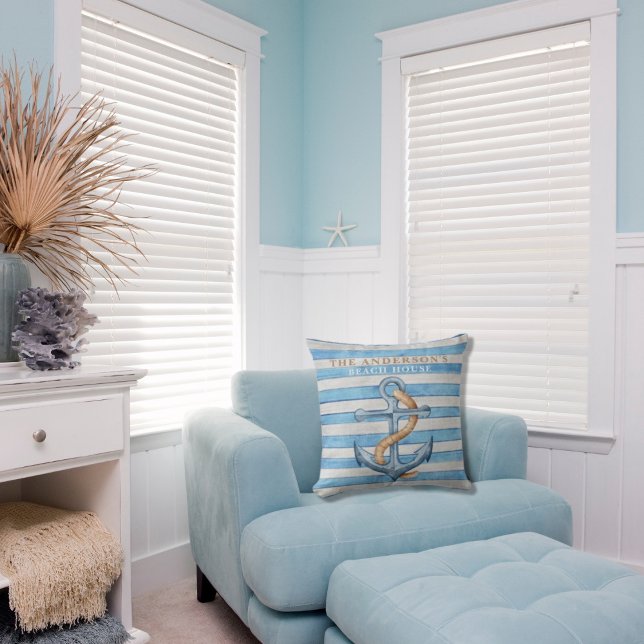 Beach House Nautical Marine Stripe Wood Family Bea Kudde (Skapare uppladdad)