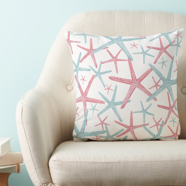 Beach House Nautical Mönster Kudde (Teal Pink Nautical Starfish Pattern Beach House Throw Pillow)