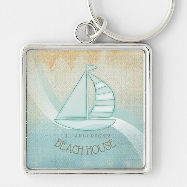 Beach House Nautical Sailboat Aqua Blue ID623 Fyrkantig Silverfärgad Nyckelring (Framsidan)