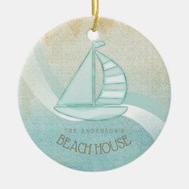 Beach House Nautical Sailboat Aqua Blue ID623 Julgransprydnad Keramik