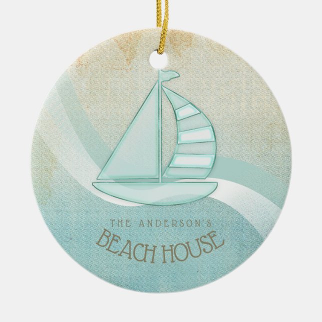 Beach House Nautical Sailboat Aqua Blue ID623 Julgransprydnad Keramik (Framsidan)