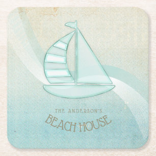 Beach House Nautical Sailboat Aqua Blue ID623 Underlägg Papper Kvadrat