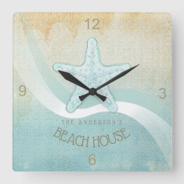 Beach House Nautical Starfish Aqua Blue ID623 Fyrkantig Klocka