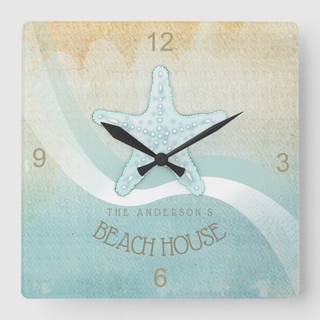 Beach House Nautical Starfish Aqua Blue ID623 Fyrkantig Klocka (Framsida)