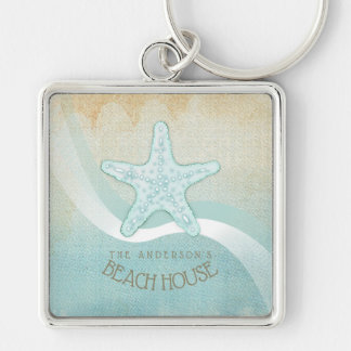 Beach House Nautical Starfish Aqua Blue ID623 Fyrkantig Silverfärgad Nyckelring