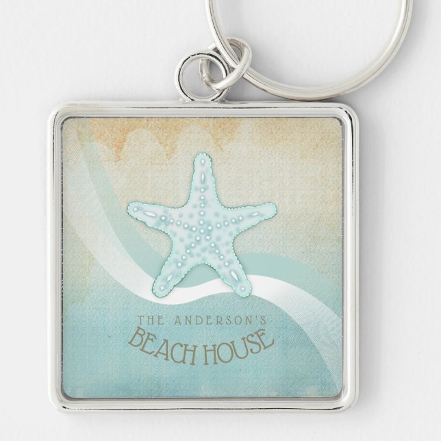 Beach House Nautical Starfish Aqua Blue ID623 Fyrkantig Silverfärgad Nyckelring (Framsidan)