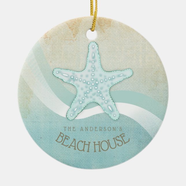 Beach House Nautical Starfish Aqua Blue ID623 Julgransprydnad Keramik (Framsidan)