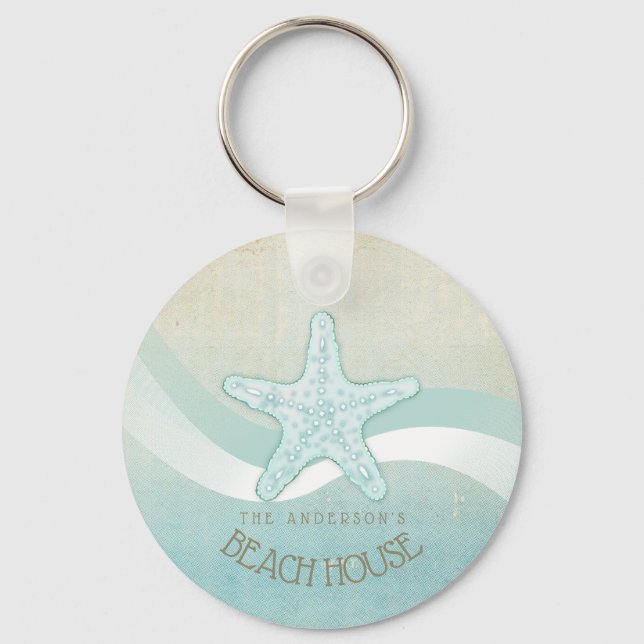 Beach House Nautical Starfish Aqua Blue ID623 Nyckelring (Framsida)